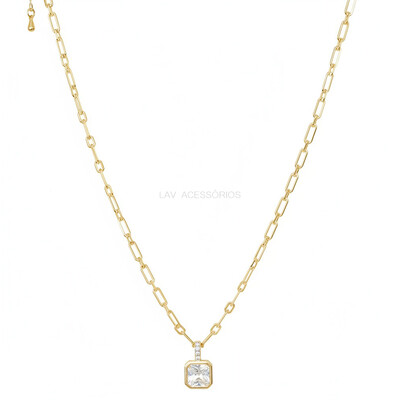 Foto Colar Elos Pin Cravação Inglesa Quadrado Cristal Ouro