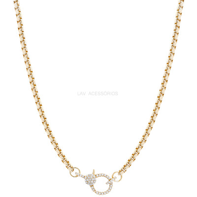 Foto Colar Prata 925 Elo Entrelaçado Fecho Cravejado Ouro - 45 cm