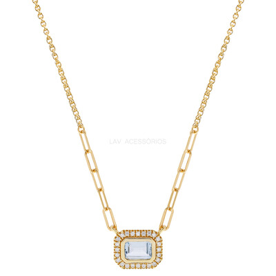 Foto Colar Prata 925 Retangular Glam Topázio Azul Natural Ouro