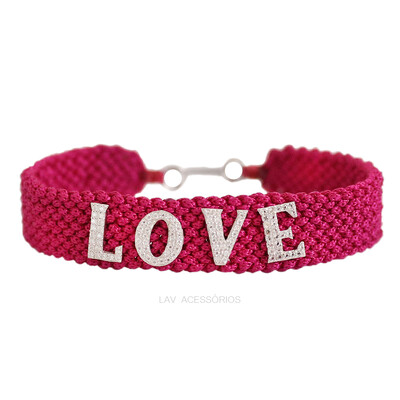 Foto Pulseira Macrame Prata 925 LOVE Moissanite - Pink