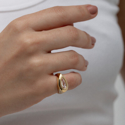 FotoAnel Prata 925 Dedinho Gota Deitada Cristal Ouro