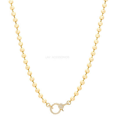 Foto Colar Prata 925 Bolinhas 3 mm Fecho Cravejado Ouro - 45 cm