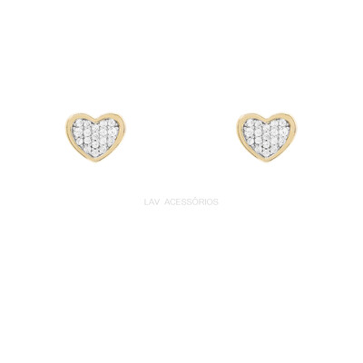 Foto Brinco Prata 925 Coração Cravejado Borda Ouro