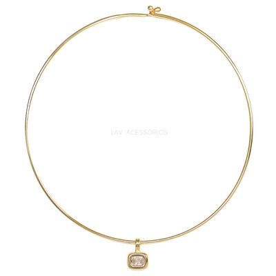 Foto Colar Aro Trend Pingente Retangular Cristal Ouro