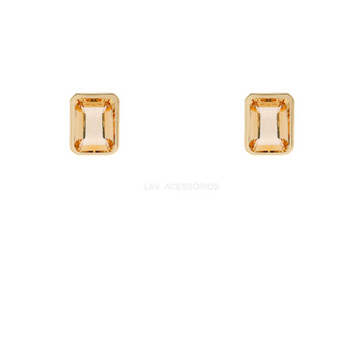 Foto Brinco Prata 925 Retangular Cravação Inglesa Citrino Natural Ouro