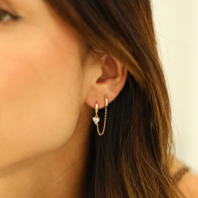 FotoArgolinha Dupla Prata 925 Correntinha Pin Coração Cristal Ouro