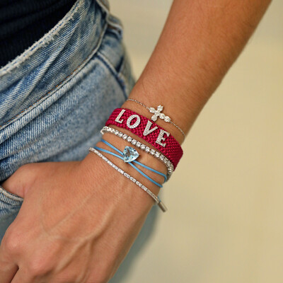 FotoPulseira Macrame Prata 925 LOVE Moissanite - Pink