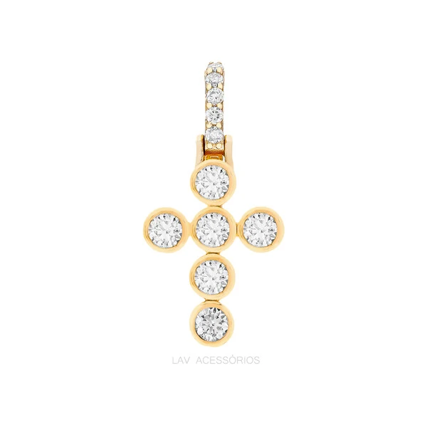 Pingente Prata 925 Crucifixo Bianca Cravação Inglesa Moissanite Ouro