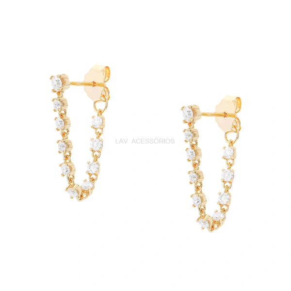 Brinco Prata 925 Correntinha Riviera Moissanite Ouro