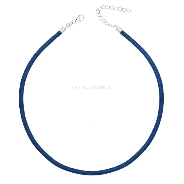 Colar Prata 925 Fio de Seda Azul Escuro