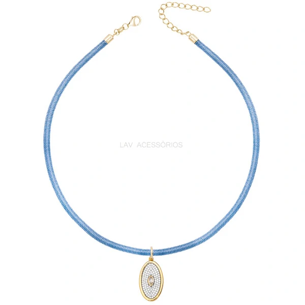 Colar Prata 925 Fio de Seda Azul Claro Medalha Oval Ouro