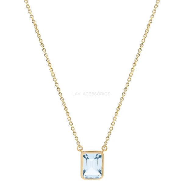 Colar Prata 925 Retangular Cravação Inglesa Topázio Azul Natural Ouro