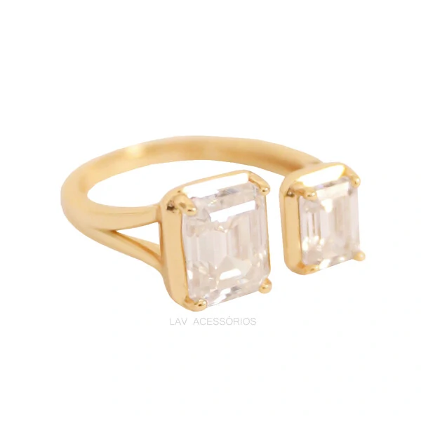 Anel Prata 925 Duplo Baguetes Moissanite Ouro