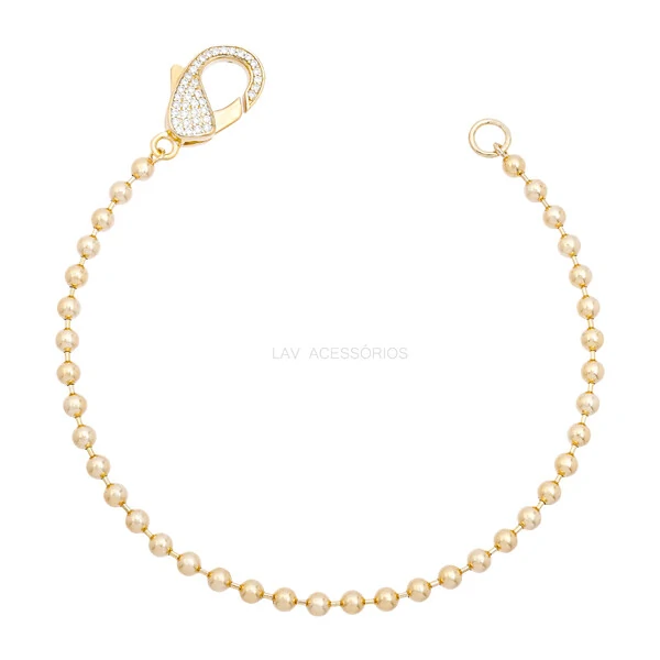 Pulseira Prata 925 Bolinhas Fecho Cravejado Ouro