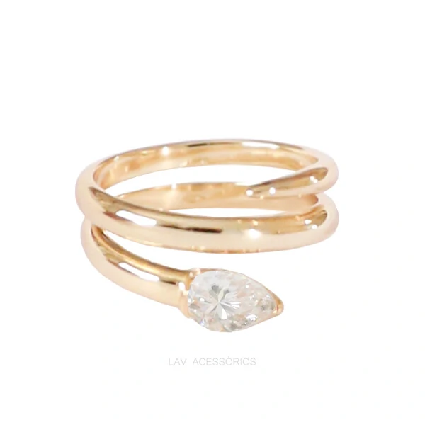 Anel Prata 925 Voltas Gotinha Moissanite Ouro