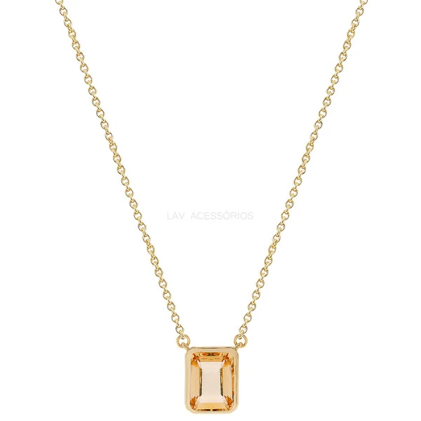 Colar Prata 925 Retangular Cravação Inglesa Citrino Natural Ouro