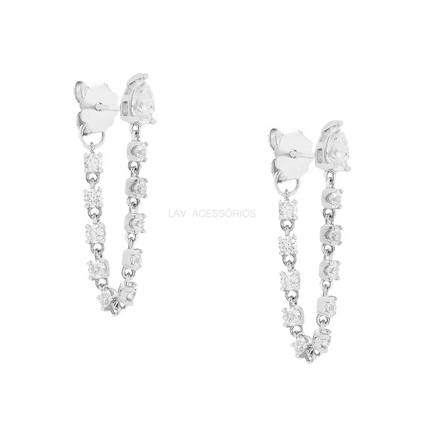 Brinco Prata 925 Gota Correntinha Tiff Moissanite Rodio