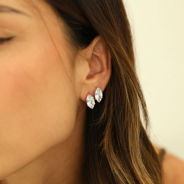 Brinco Prata 925 Solitário Navete Cristal 14 mm x 7 mm