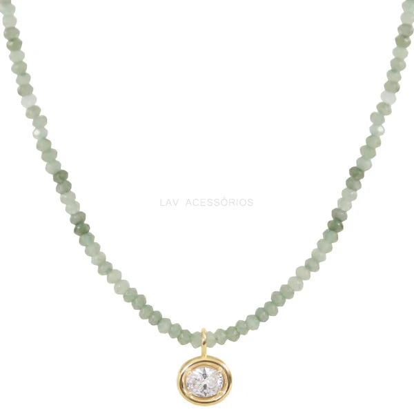 Colar Jade Naturais Verde Pingente Oval Cristal Ouro