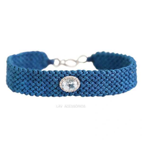 Pulseira Macrame Prata 925 Oval Topázio Azul