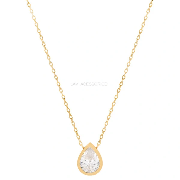 Colar Prata 925 Gota Grande Cravação Inglesa Ouro