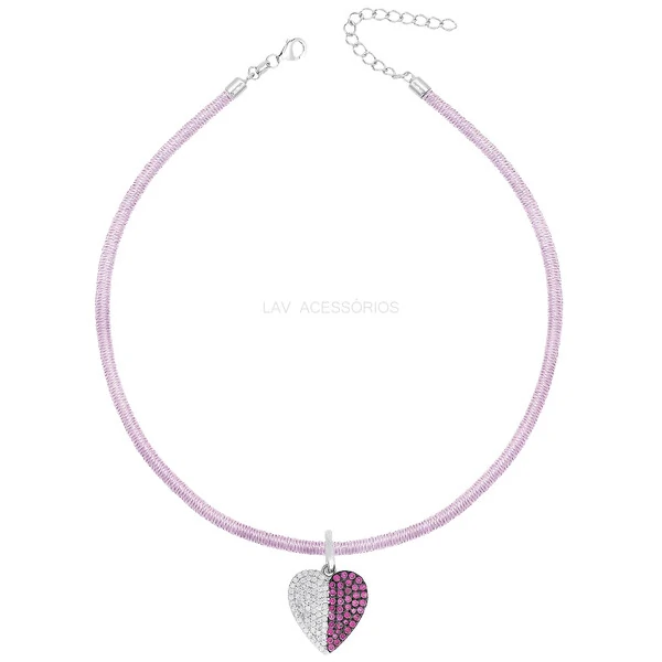Colar Prata 925 Fio de Seda Rosa Claro Coração Cravejado