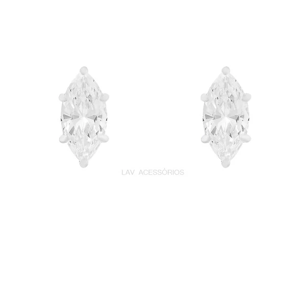 Brinco Prata 925 Solitário Navete Cristal 14 mm x 7 mm