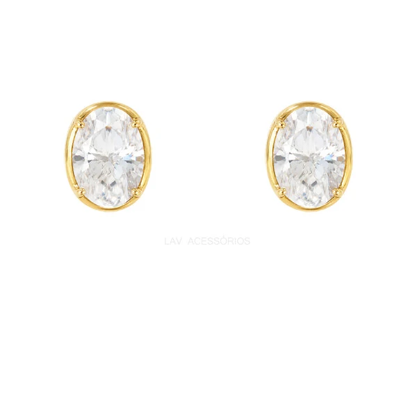 Brinco Prata 925 Solitário Oval Moissanite 8x10 Ouro