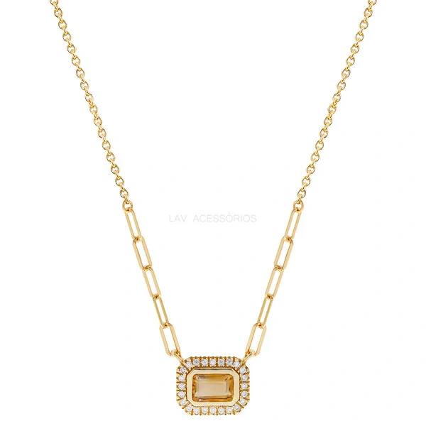 Colar Prata 925 Retangular Glam Citrino Natural Ouro