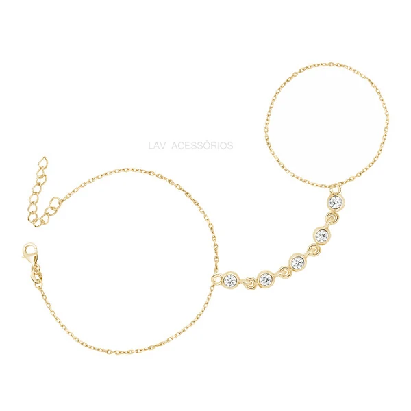 Pulseira de Mão Prata 925 5 Pontos de Luz Ouro