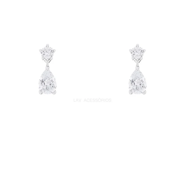 Brinco Prata 925 Ponto de Luz Pin Gotinha Cristal