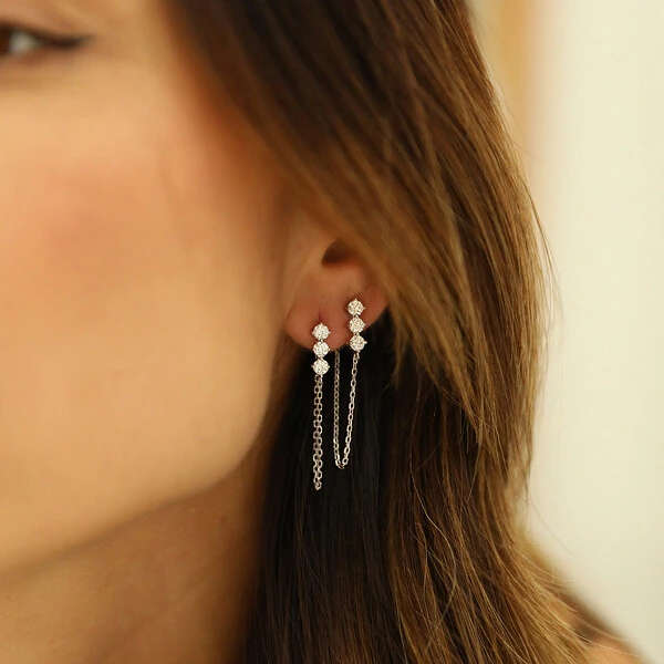 Brinco Prata 925 Trio Moissanite Correntinha