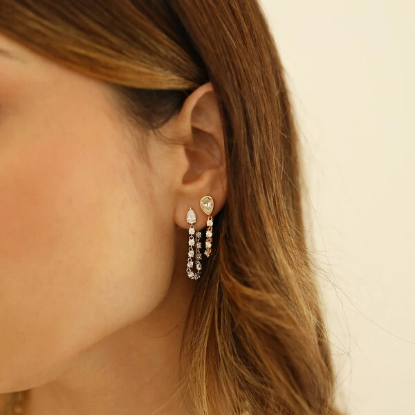 Brinco Prata 925 Gota Correntinha Tiff Moissanite Rodio