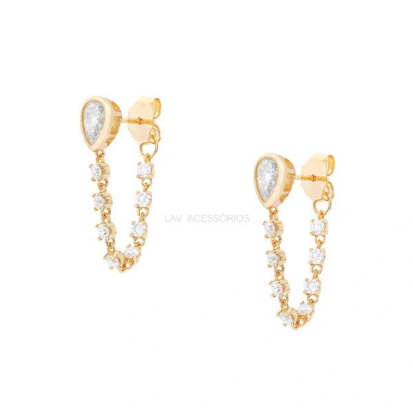 Brinco Prata 925 Gota Inglesa Tiff Moissanite Ouro