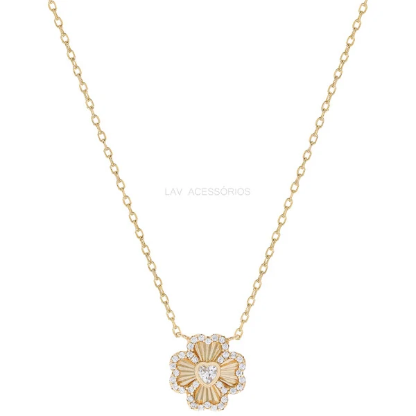 Colar Prata 925 Trevo Plisse Cravejado Ouro