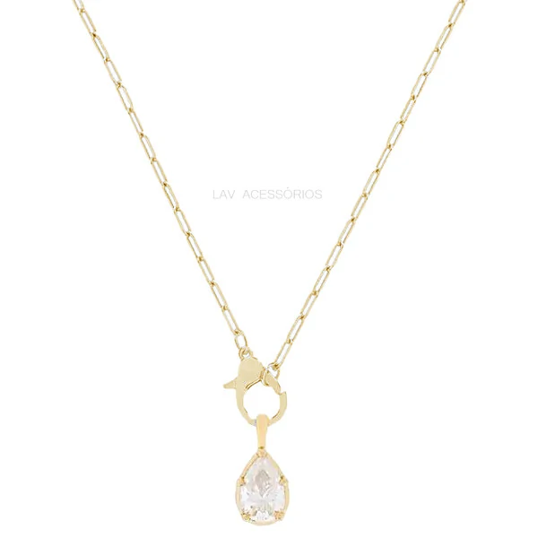 Colar Prata 925 Fecho Mosquetão Gotinha Moissanite Ouro