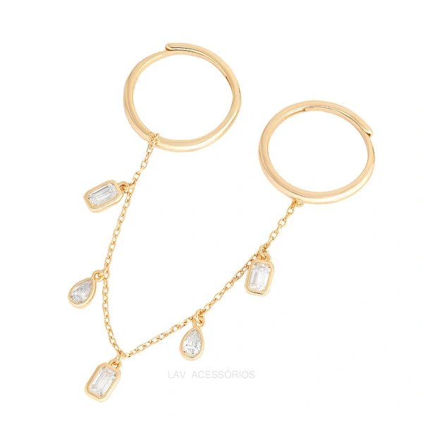 Anel Prata 925 Duplo Corrente Charms Moissanites Ouro