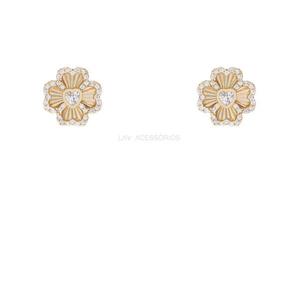 Argolinha Prata 925 Trevo Plisse Cravejado Ouro