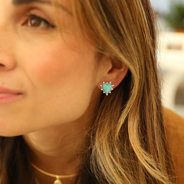 Brinco Prata 925 Coração 14 mm Boho Turquesa