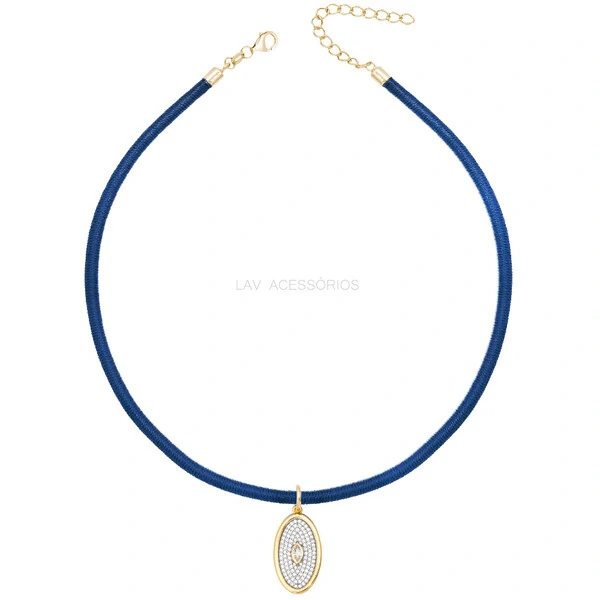 Colar Prata 925 Fio de Seda Azul Escuro Medalha Oval Ouro