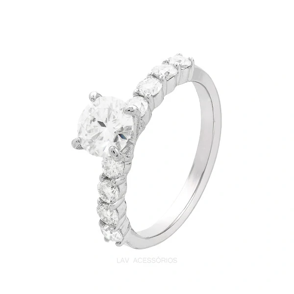 Anel Prata 925 Meia Aliança Solitário 6.5 mm Moissanites