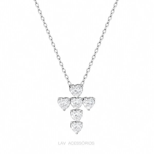 Colar Prata 925 Crucifixo Corações