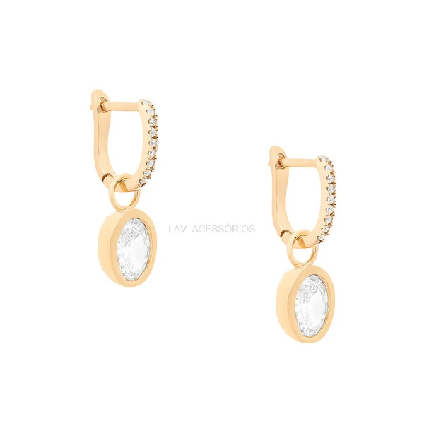 Argolinha Cravejada Prata 925 Pin Oval Inglesa Cristal Ouro