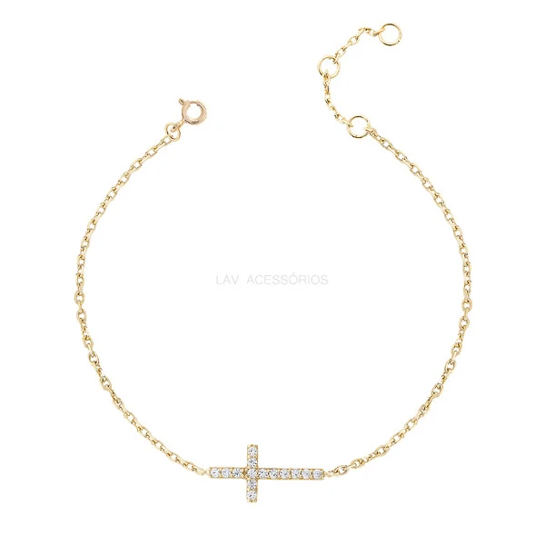 Pulseira Prata 925 Delicada Cruz Cravejada Ouro
