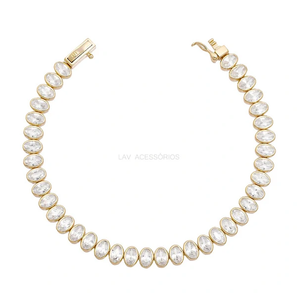 Pulseira Prata 925 Riviera Oval Cravação Inglesa Ouro