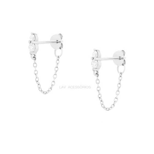 Brinco Prata 925 2 Pontos Correntinha Rodio