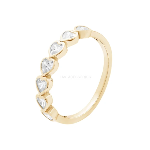 Anel Prata 925 Aparador Corações Cristal Ouro