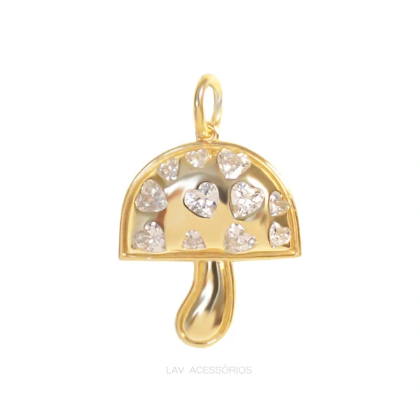 Pingente Prata 925 Cogumelo Corações Ouro