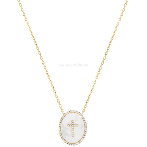 Colar Prata 925 Medalha Madreperola Cruz Ouro