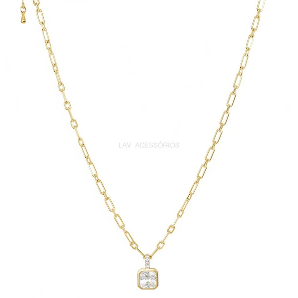 Colar Elos Pin Cravação Inglesa Quadrado Cristal Ouro